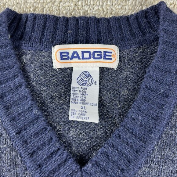 Vintage Badge V-neck Pure Wool Sweater Vest Blue Men’s Size XL - Picture 2 of 6